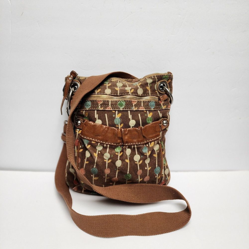 Fossil Floral Heavy Brown Canvas Crossbody Purse 2 Inside/Outside Pockets Retro